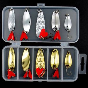 Fisketillbehör 10st Set Gold and Sliver Metal Jig Spoon Spinner Lure Wobbler Bait Set med tackle Box Kit för 231030