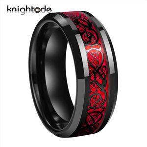 8mm Men's Black Celtic Dragon Ring Tungsten Carbide Rings Red Carbon Fiber Wedding Bands Fashion Couple Jewelry Ring Comfort 286E