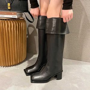 Women Mid-calf Boots Ladies Soft Square Toe Slip-on High Heels Long Boots PU Leather Female Plus Size Autumn Winter Shoes