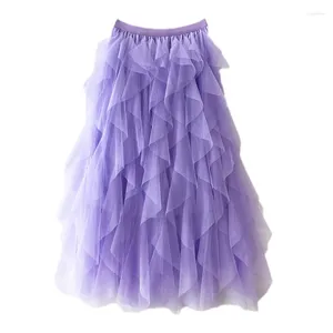 Gonne Gonna irregolare in tulle con torta per donna Autunno Inverno Boho Maglia lunga femminile Solido a vita alta Tutu Maxi viola