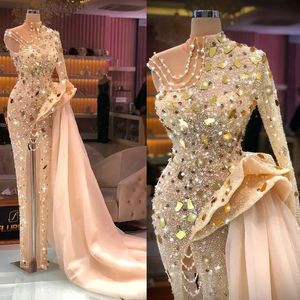 Real Photos Sparkling Golden Prom Dresses High Neck One Shoulder Sequined Front Split African Women Reception Gowns Birthday Party Outfit Club
