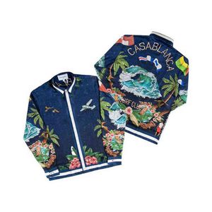 Casablanc 22ss camisas da moda verão luz luxo azul escuro planta flor impressão camisa solta jaqueta223p