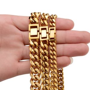 8mm-14mm Hip Hop Stainless Steel Miami Cuban Link Chain Necklace Full 5A Zircon Clasp 18K Gold Plated Accessories Jewelry Set