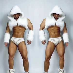 Stage Wear Nightclub Party Muscle Man Gogo White Faux Fur Vest Men Show Pole Dance Cosutme Concert Music Festival Costume