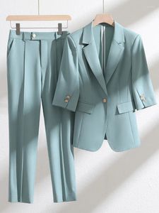 Women's Two Piece Pants Spring Summer Female Blazer And Pant Suit Women Green Yellow Beige Pink Business Work Wear Formal 2 Set For Office