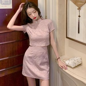 Work Dresses Pink 2piece Clothes Woman 2023 Summer Fashion Slim Cheongsam Crop Tops Mini Skirt Vintage Style Sweet Girls Two Piece Suits