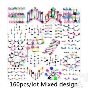 Hela 160 st. Set Body Piercing Assorted Mix Lot Kit 14G 16G Ball Spike Curved Sexy-Belly Rings Ear Tongue Pircing Barbell Bars297s