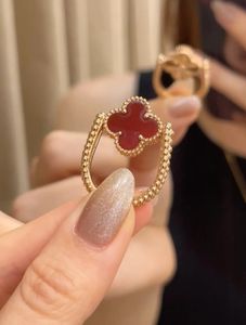 NEW Luxury Brand Vintage Cluster Rings Van Motifs Designer Rotating Double Sides flower Ring 18k Gold Plated Red Four Leaf Clover Charm Ring For Women Party Gift Cleef
