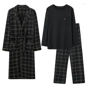 Mäns Sleepwear 3 PC: er Mänrockar Sätt mode Plaid Bathrobe Tops Long Pants Pyjamas Homewear Cotton Nightsuit Casual Man Home Clothes