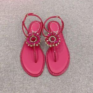 Sandalet 2023 Yaz Moda Yuvarlak Toe Kadın Ayakkabıları Sıradan Kristal Dekor Orijinal Deri Sapato Feminino Boyut 34-42