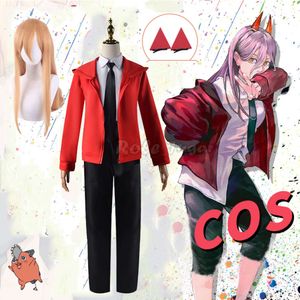 Chainsawman Chainsaw Man Makima Power Cosplay Cosplay Kırmızı Ceket Şeytan Boynuzları Kıyafetler WIG Cadılar Bayramı Parti Üniforma Kadınlar