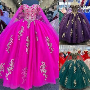 Fuchsia Quinceanera Dress 2024 Cape Glitter Tulle Charro Mexican Quince Sweet 15/16 Birthday Party Gown for 15th Girl Drama Winter Formal Prom Gala Gold Lace Applique