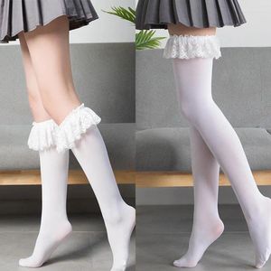 Kvinnors strumpor jk kvinna spets söt svart vit sammet lolita lång sexig knä hög kawaii cosplay anime ruffle nylon strumpor