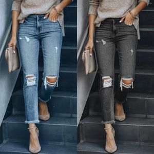 Jeans da donna strappati con frange gamba dritta elasticizzata a vita media invecchiata piccola