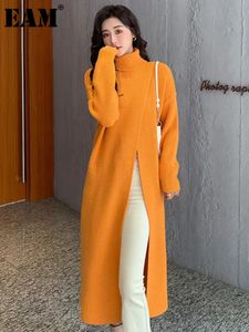 Womens Sweaters Family Matching Outfits EAM Women Orange Knitting Long Slit Big Size Dress Turtleneck Sleeve Loose Fit Fashion Spring Autumn 1DE5886 231031