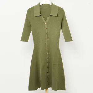 Party Dresses 2023 Spring Women Green Color Dress Slim A-line Single Breasted Knitting Turn Down Collar Vestidos Female