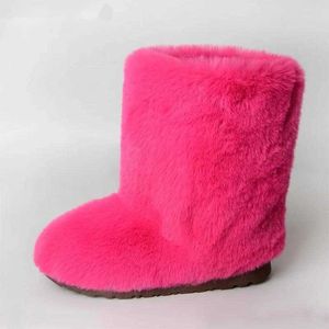 Fashion Faux Rabbit Fur Boots Women New Fluffy Luxury Snow Furry Bottes Warm Mid-calf Plush Flat Outdoor Winter Shoes 230922