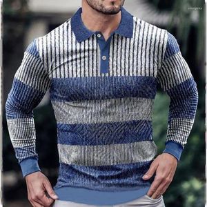 Мужские поло весенне-осенний пуловер-поло с воротником на пуговицах в полоску с геометрическим рисунком и контрастной застежкой-молнией, футболка, рубашка, топы с длинными рукавами