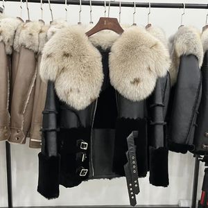 Frauen Pelz Faux Winter Frauen Echtes Leder Jacke Echte Natürliche Merino Schafe Fuchs Kragen Dicke Warme Oberbekleidung Weibliche Mäntel 231031