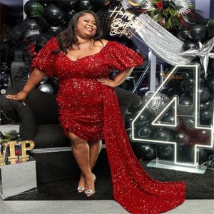 Plus Size Pailletten Rotes Abendkleid mit Schleppe Knielanges Schwarzes Mädchen Afrikanisches Abendkleid Kurzarm Cocktailpartykleider Shinny Geburtstag Vestidos De Gala