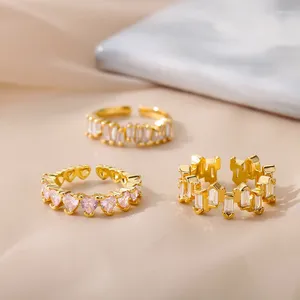 Anéis de cluster Luxo Zircon Squre Coração para Mulheres Stainelss Aço Aberto Geométrico Cristal Anel de Casamento Romântico Jóias Presente de Festa