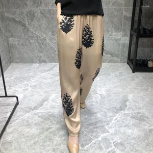 Женские брюки, атласные шелковые брюки с принтом в Гонконге, прямые женские темпераментные брюки, свободные с высокой талией