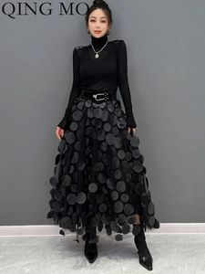 スカートQing Mo Polka Dot Women Skirt Black Spring秋の韓国ファッショントレンドパッチワークメッシュスカートストリートウェアドレスZXF1016 231030