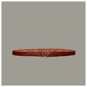 Belts Japanese Ladies Retro Casual Leather Belt First Layer Cowhide Handmade Old Copper Buckle Jeans Wine Red