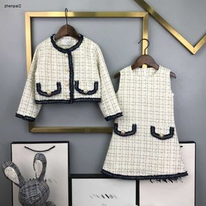 Luxury dress suits for girls baby jacket suit Size 100-150 Woven fabric Pearl Button Decorative Coat and Sleeveless Dress Oct25