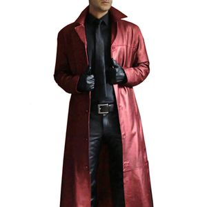 Men's Wool Blends Men's PU Leather Trench Coat Single-breasted Full Sleeve Turndown Collar Punk Long Jacket Overcoat Handsome Windbreaker 231030
