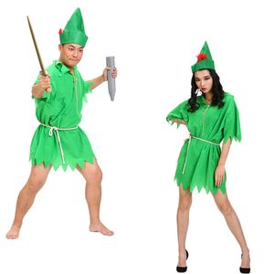 Adulto crianças festa de halloween cosplay peter pan traje dos desenhos animados das mulheres dos homens meninas meninos grande homem verde/caçador roupas c19x51