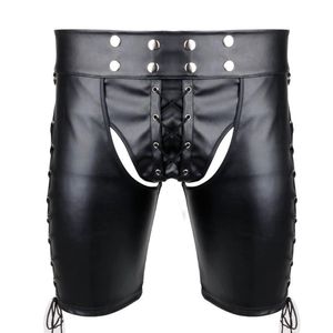 Women's Panties Sexy Men Faux Leather Side Lace-up Bondage Harness Pants Gothic Lingerie Open BuOpen Cortch Shorts Gay Fetish251F