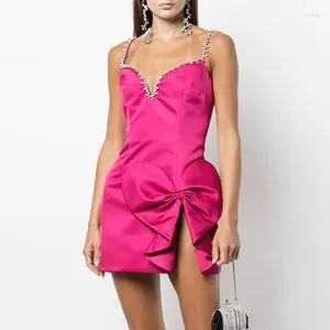 Casual Dresses Chic Satin Mini Dress Crystals Strap Sweetheart Party Side Slit Bow Cocktail Elegant Night For Women 2023