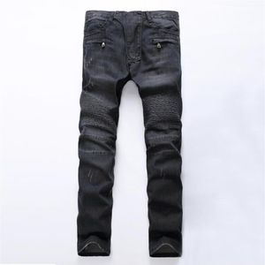 Modedesigner Mens Zipper Biker Jeans Patchwork Slim Fit Black Moto Denim Joggers veckade Cool Jean206Q