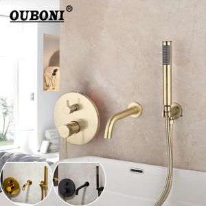 Bathroom Shower Heads OUBONI Brush Gold Systerm Bathtub Faucet Wall Mount Golden Plated 2 Ways athtub Mixer Set Tap 231030