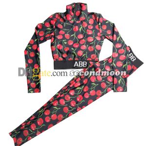 Cherry Print Yoga Outfit Women Breathable Tracksuit Half Zipper Sport Tee Elastic Waist Yoga Leggings