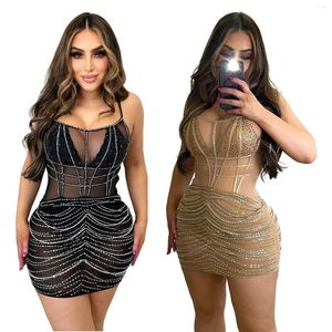 Vestidos casuais mulheres luxo diamantes espaguete vestido ver através de malha sem costas sexy boate para festa mini vestidos atacado
