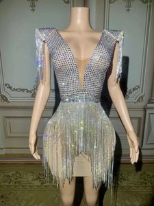 Skirts Sexy Sparkly Silver Rhinestones Crystals Chains Transparent Dress Prom Evening Mesh Costume Birthday