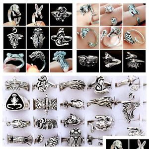 Band Rings 20Pcs 20 Designs Animal Metal Top Styles Mix Cicada Monkey Sier-Plated Retro Ring Wholesale Party Jewelry Drop Delivery Dhyqn