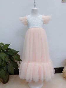 Girl Dresses 2023 Girls Mesh Flutter Sleeve Lace Yarn Princess Kids Flower Dress Children Frock