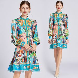 Women's Vintage Print Blue Mini Dress, Long Sleeve Stand Collar Lace Up Elegant Fit Flare Dress for Fall Winter Vacation Party