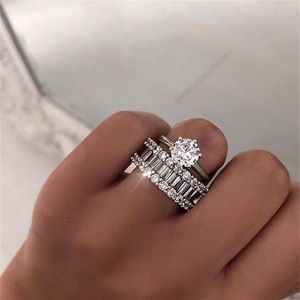 Unique 2PCS Couple Rings Classical Jewelry Six Claw Real 925 Sterling Silver White Topaz Stack CZ Diamond Women Wedding Bridal Rin296e