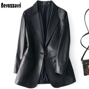 Kadın Deri Sahte Deri Nerazzurri Bahar Sonbahar Siyah Deri Blazer Kadınlar Tek Düğme İnce Fit Tasarımcı Kadın Deri Ceketler ve Katlar 5xl 6xl 7xl 231030