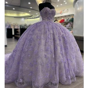 Lavanta quinceanera elbiseler 15 yıllık balo elbisesi seksi sevgilim aplike yay boncukları omuzdan uzun parti elbisesi kız için