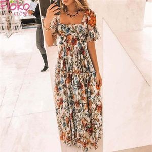 Casual Dresses Flokocloset Summer Bohemian Print Maxi Dress for Women 2021 Square Collar Design Short Sleeve Party Long Sundress280h