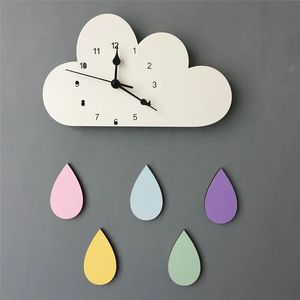 Wall Clocks Nordic Wooden Cloud Raindrop Shaped Clock Kids Room Decor Baby Gender Neutral Nursery Gifts 2816cm 231030