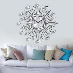 Wall Clocks 33CM Silver Crystal Beaded Jeweled Round Sunburst Metal Clock DIY Large Morden Design Home Rooms Office Decor 231030