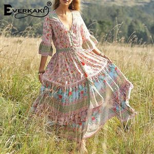 Everkaki Boho Floral Print Dress Women v Neck調整可能なサッシハーフスリーブ長いボヘミアンドレス女性春夏新しいT200604243I