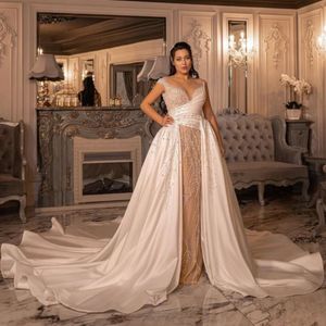 Sparkly Pearls Sequins Wedding Bridal Dresses O-neck Short Sleeve With Detachable Train Illusion Robe De Mariee