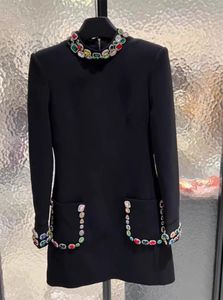 New Women Runway Dresses Long Sleeve Stand Collar Beaded Rhinestone Dress High Quality Sexy Black Slim Mini Short Sheath Milan Evening Party Dresses